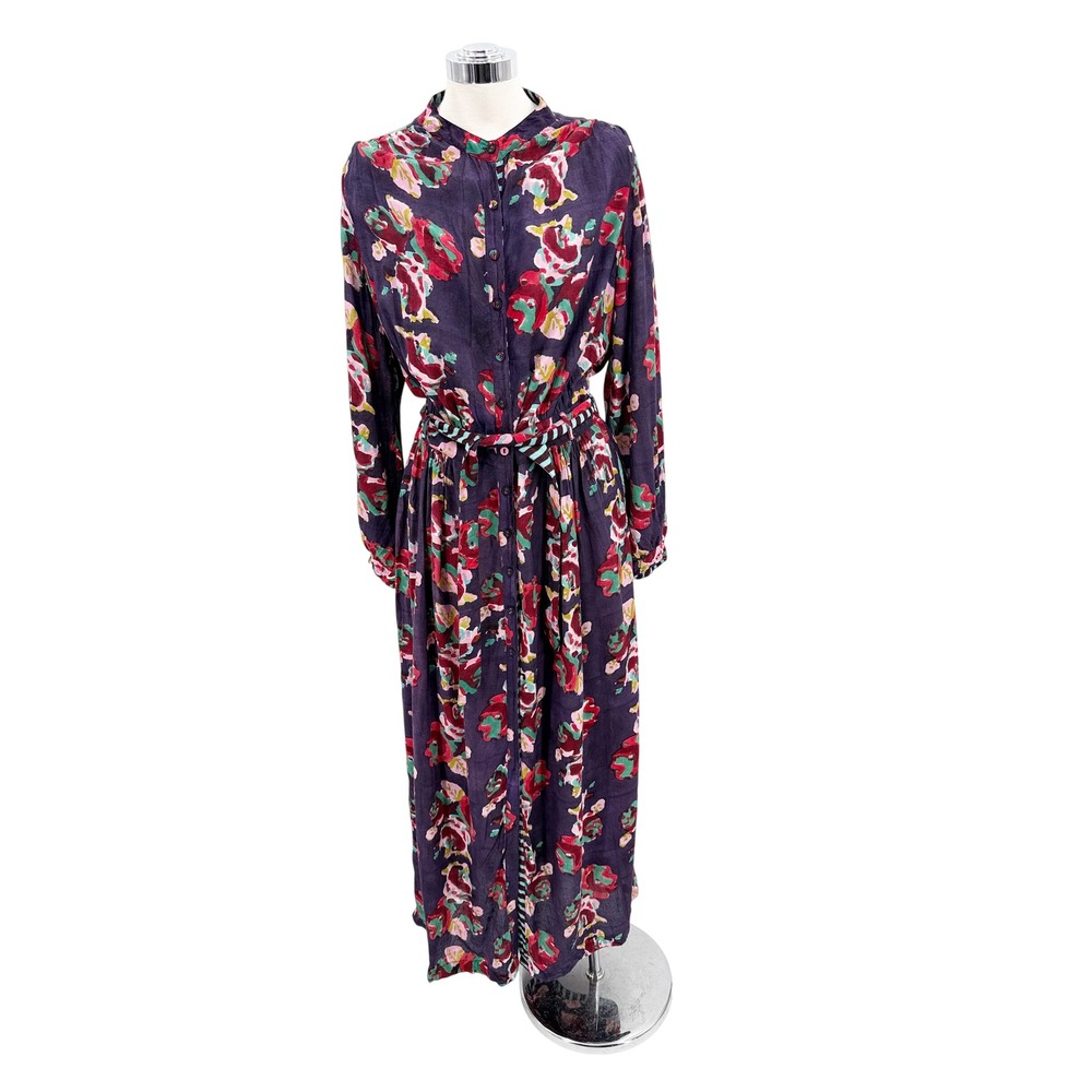 Lisa Corti Milano Purple Floral Striped Belted Maxi Dress Womens Large
